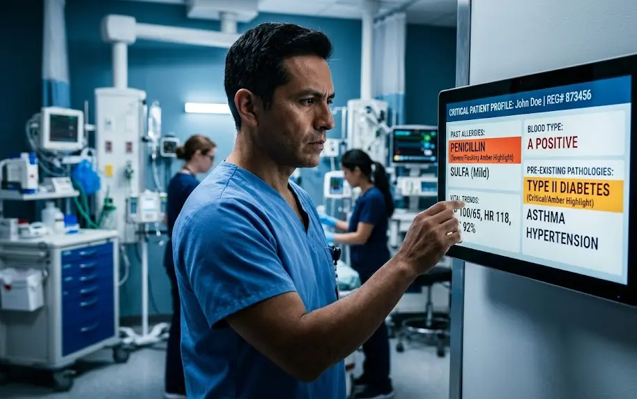 Médico de urgencias consultando rápidamente los antecedentes clínicos de un paciente en una pantalla táctil integrada.