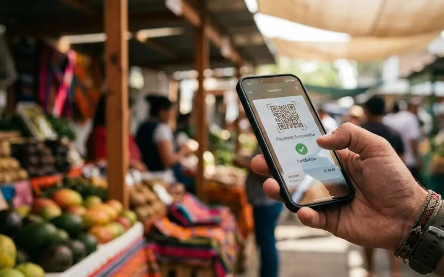 Un usuario escaneando un código QR dinámico desde su smartphone para completar una transferencia en tiempo real.