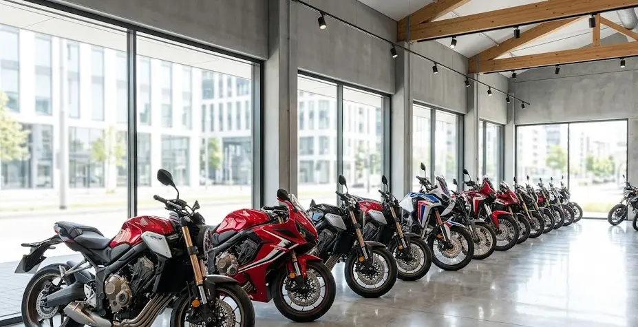 Una hilera de motocicletas Honda 0km relucientes en exhibición dentro de un moderno salón de ventas iluminado.
