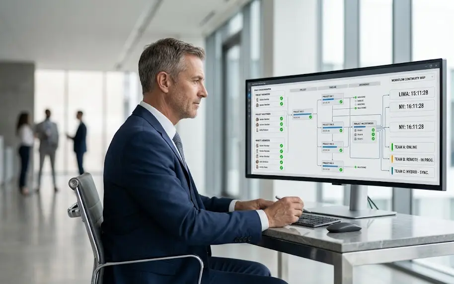 Director de operaciones supervisando marcas de tiempo y cumplimiento de horarios en tiempo real desde un monitor panorámico.