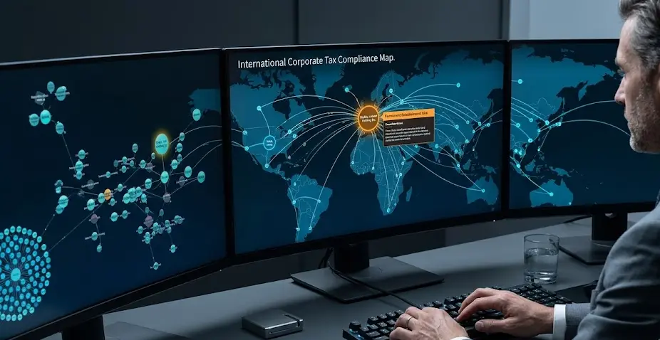Pantalla de computadora en una oficina de finanzas mostrando la estructura de un holding internacional con alertas de riesgo tributario.