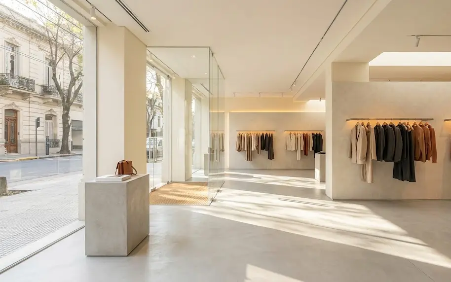 Una vista amplia y despejada de la entrada de una tienda de indumentaria iluminada suavemente con luces LED cálidas.