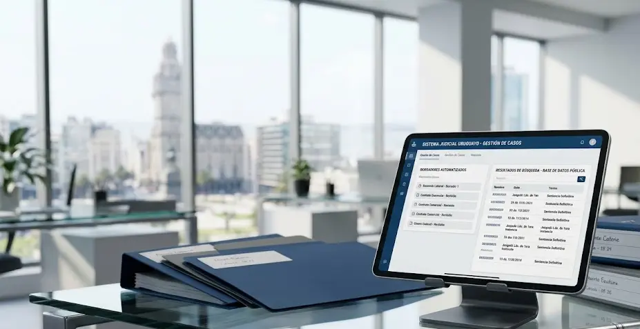 Abogado en Montevideo revisando un borrador de contrato generado por inteligencia artificial en una tablet corporativa.