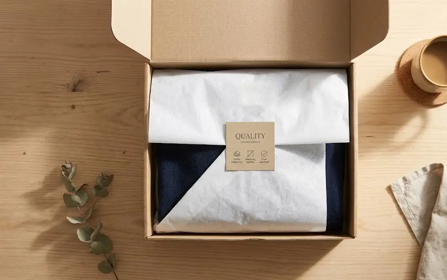 Una persona abriendo de forma impecable un paquete de ropa envuelto en papel seda fino con una tarjeta de agradecimiento.