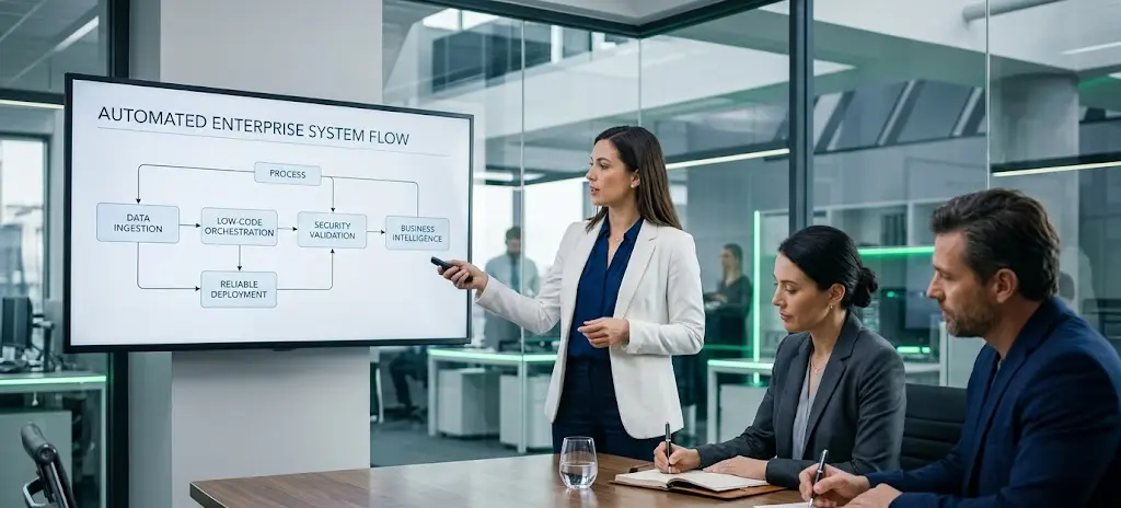 Consultores de Microsoft Power Platform analizando bases de datos e integraciones con ejecutivos de ventas.