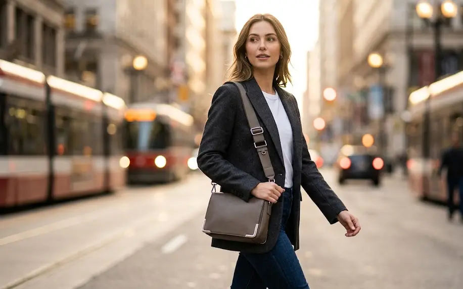 Mujer caminando por una avenida transitada de la ciudad vistiendo un blazer de sastre y una de las carteras cruzadas crossbody de moda.