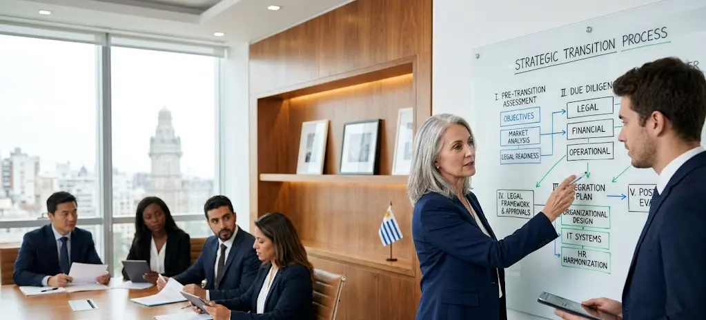 Reunión de planificación estratégica sobre la evolución de firmas tradicionales en una oficina de Montevideo.