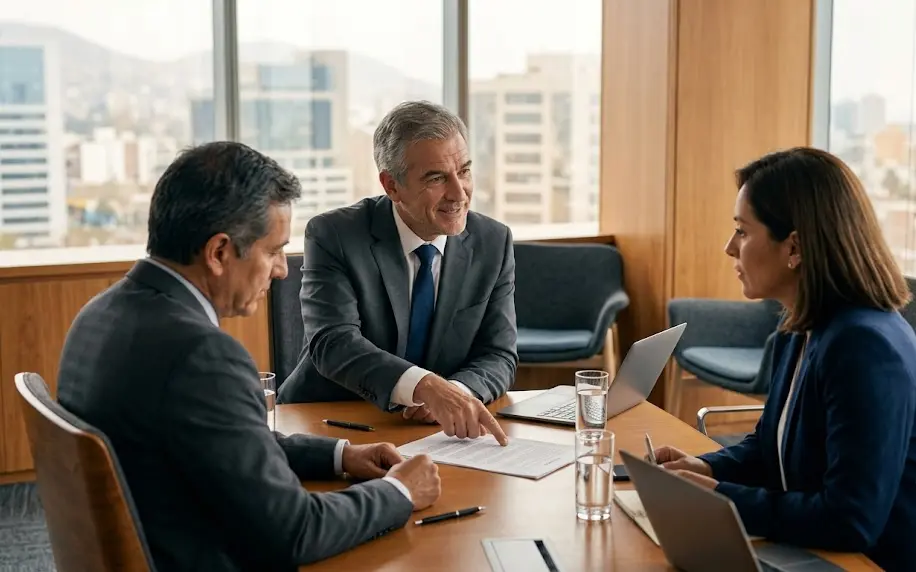 Directiva analizando contratos comerciales clave junto a un asesor legal externo en una oficina moderna.