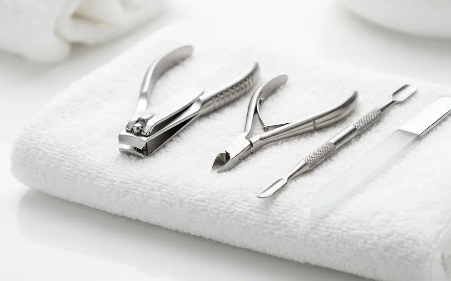 Set de cortaúñas rectos, alicates de cutícula y elevadores de acero inoxidable quirúrgico ordenados sobre una toalla blanca limpia.