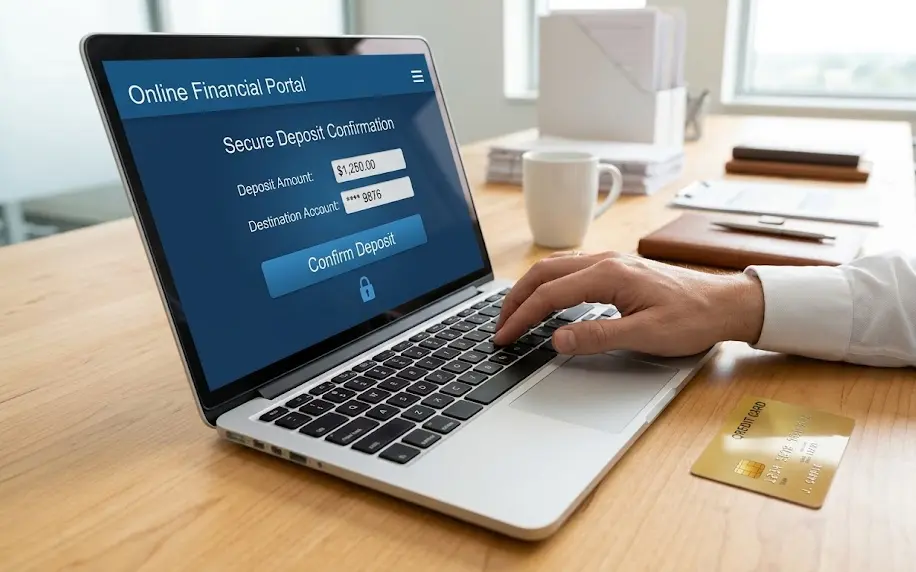 Mano ingresando datos en una pasarela de pagos digital protegida de una plataforma financiera.