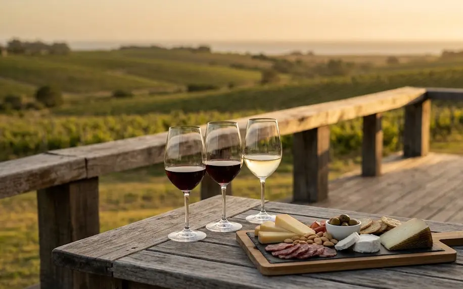 Copas de vino Tannat y Albariño dispuestas para una cata premium en un mirador de madera frente a los viñedos de Maldonado.