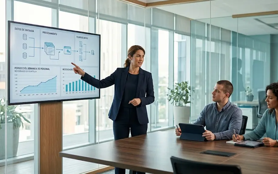 Directora de operaciones analizando flujos y herramientas de prevision operativa en un monitor interactivo de la empresa.