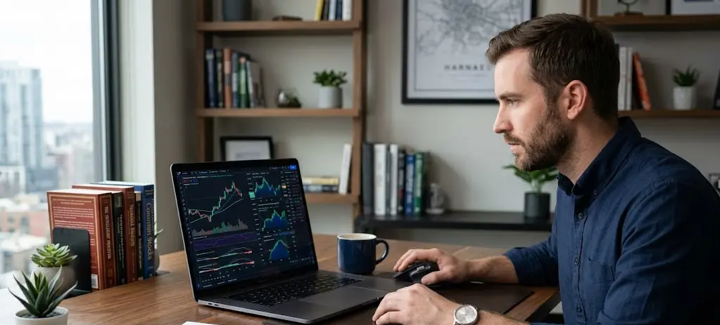 Persona frente a una computadora analizando el mercado financiero a través de un bróker.