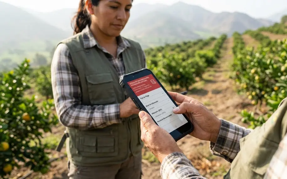 Agrónomo registrando datos de control de plagas en una aplicación móvil sin conexión en medio de una plantación de frutales.