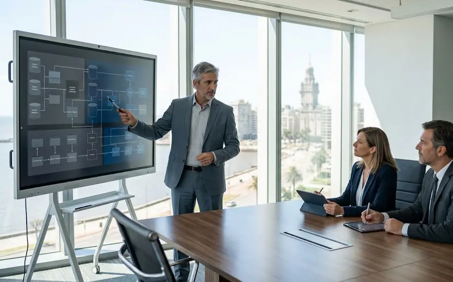 Consultores de empresas de transformacion digital auditando la infraestructura de software legada.