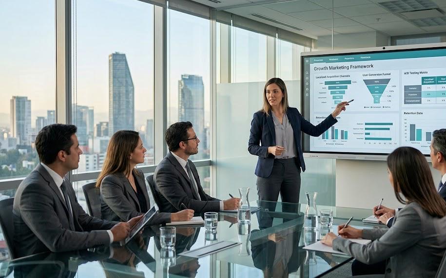 Mesa de trabajo interactiva implementando estrategias de growth marketing y pruebas organizadas basadas en analítica.
