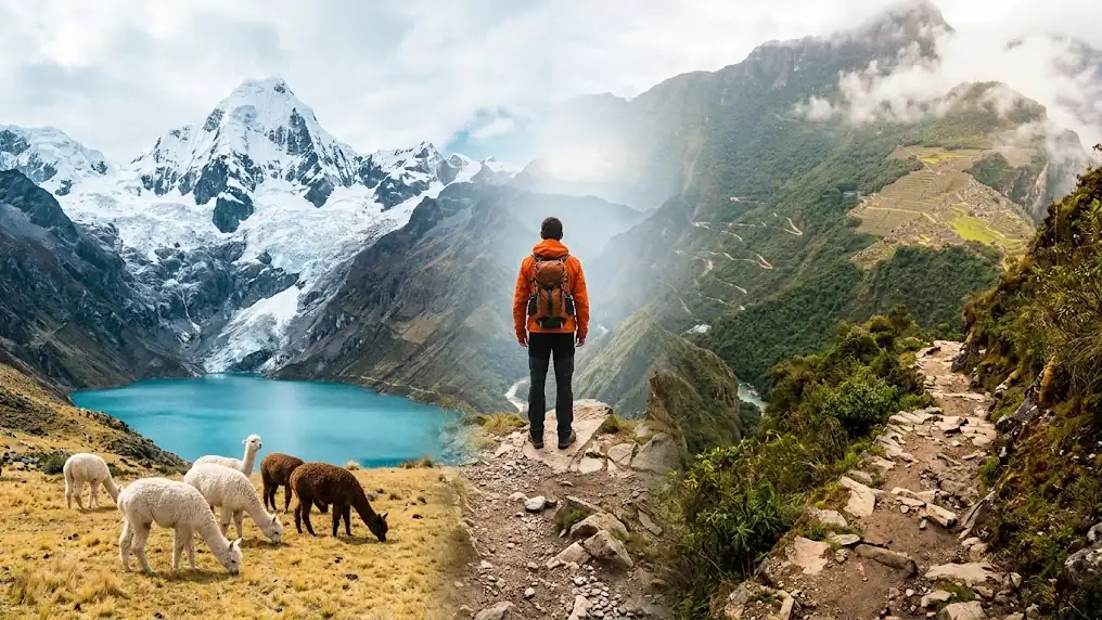 Imagen dividida entre un nevado con lagunas y alpacas y un camino que baja a un cañón con ruinas incas, para comparar Ausangate vs Choquequirao