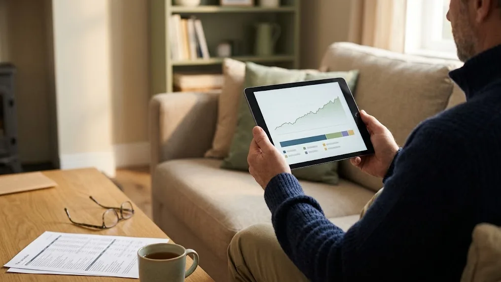 Inversor revisa en una tableta su cartera de acciones y ETFs con un gráfico de largo plazo, al elegir un bróker para acciones y ETFs