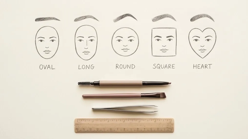 Cejas según la forma de la cara: cinco ilustraciones de siluetas de rostro sobre papel con un lápiz de cejas y un cepillo al costado