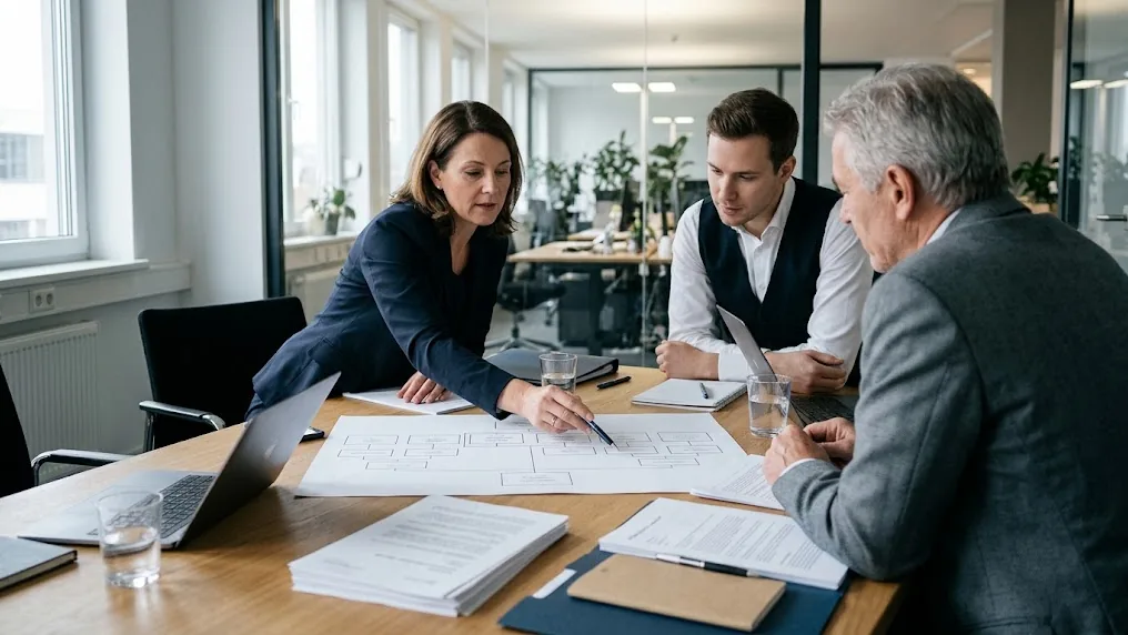 Equipo de asesores fiscales revisa en una sala de reuniones el organigrama de un grupo empresario para adaptarlo a la era post-BEPS