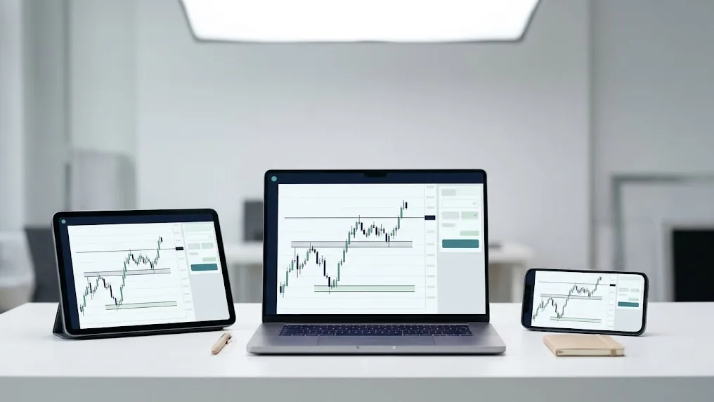 Laptop, tableta y teléfono muestran la misma pantalla de trading con varios gráficos, ilustrando las funciones de Sirix para operar con menos ruido