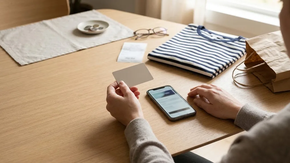 Manos de una mujer eligen entre tarjeta y celular para pagar una compra de ropa online, junto a una remera doblada y una bolsa de papel
