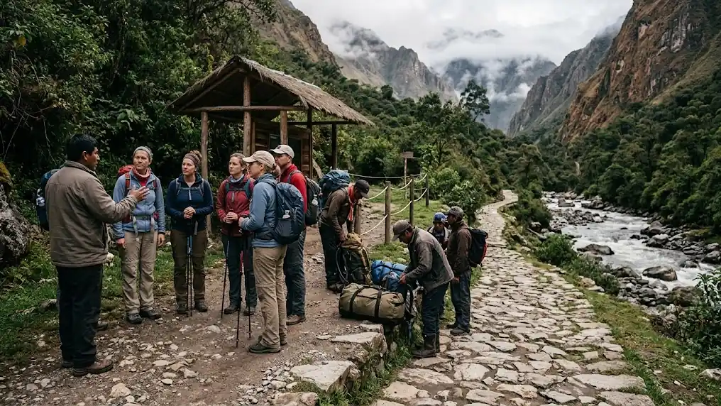 Grupo de senderistas con guía y porteadores en el inicio de un sendero andino de piedra, ilustrando los permisos para el Camino Inca