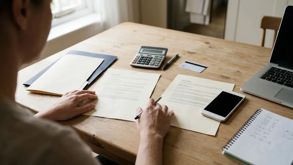 Persona compara en una mesa dos ofertas impresas de préstamo en banco o financiera, con calculadora, cédula y un cuaderno con cuentas a mano