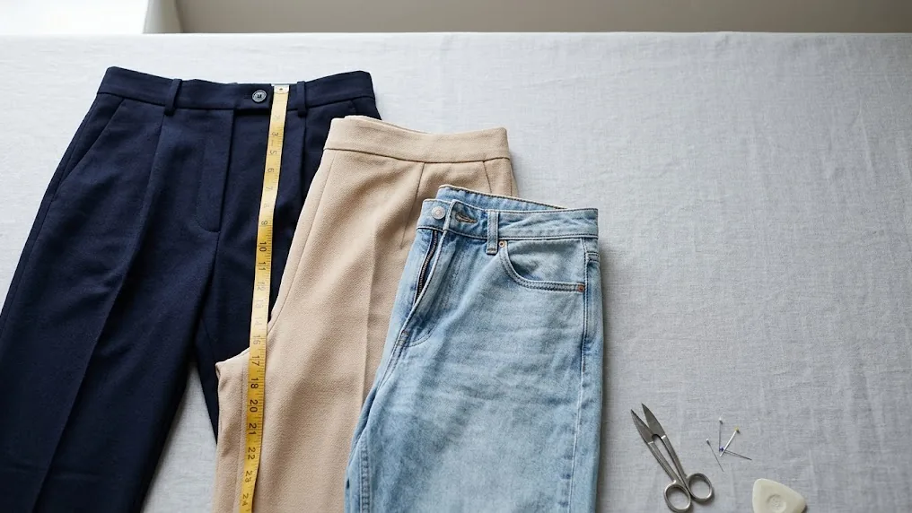 Detalle de la cintura de tres pantalones de mujer con tiro alto, medio y bajo apoyados sobre una mesa con una cinta métrica de costura