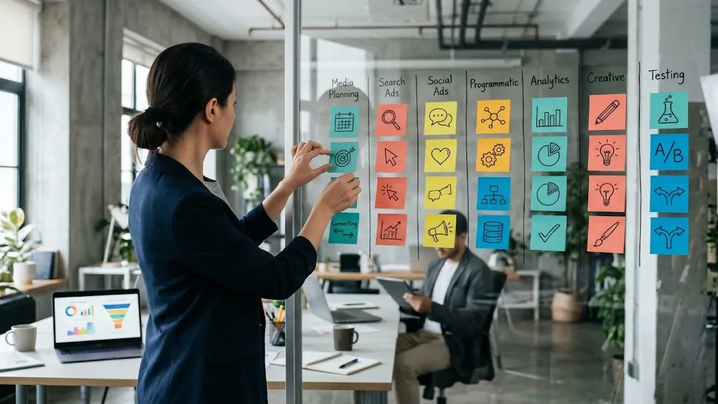 Especialista de una agencia de performance marketing ordena en una pizarra los servicios de medios, medición, creatividad y pruebas para un plan